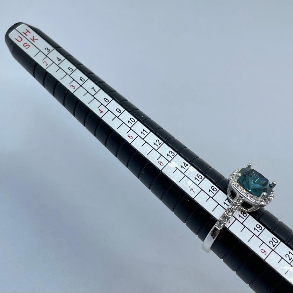 London Blue Swarovski Crystal Cushion Cut Halo Ring Silver Teal Statement Sz 8 - Picture 6 of 8